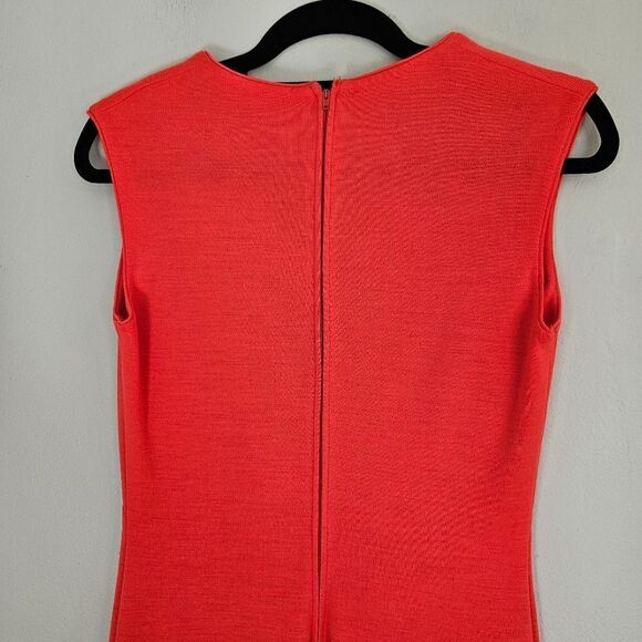 Vintage '60s Pleated Drop Waist Coral Sleeveless V-Neck Wool? Dress with Scarf 6 - Picture 5 of 15
